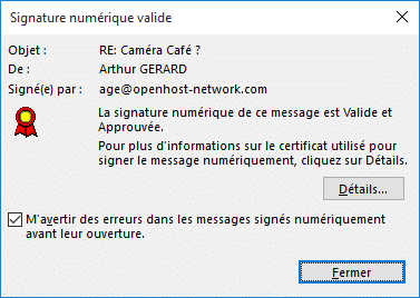 Signature numérique validée pour courrier électronique mail