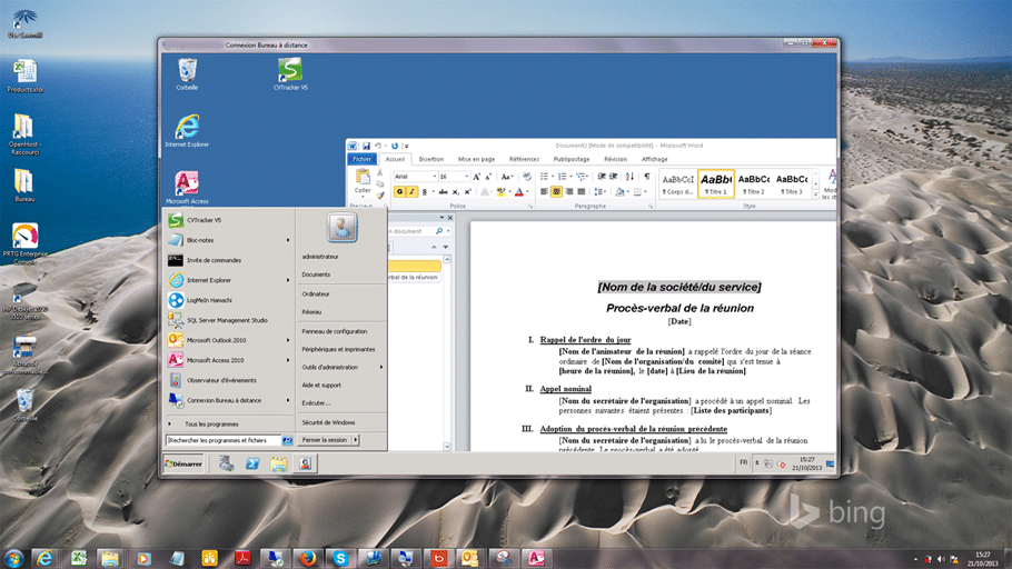 L'interface du bureau distant Windows RDS