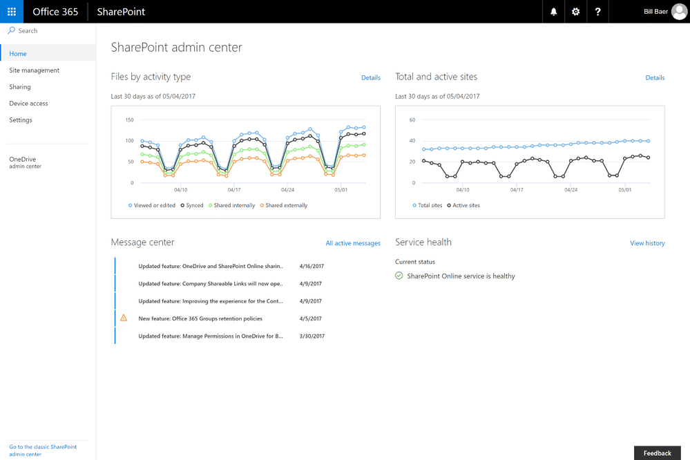 Panneau administration Admin Center SharePoint 2016