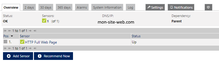 Sonde pour site web HTTP monitoring serveur virtuel distant 