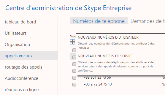 Centre d'administration Skype Entreprise Online Office 365 pour gérer la portabilité des numéros téléphoniques