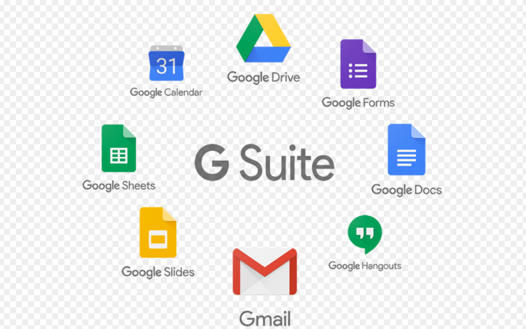 Suite de collaboration G Suite de Google avec Sheets, Agenda, Hangouts, Docs, etc.
