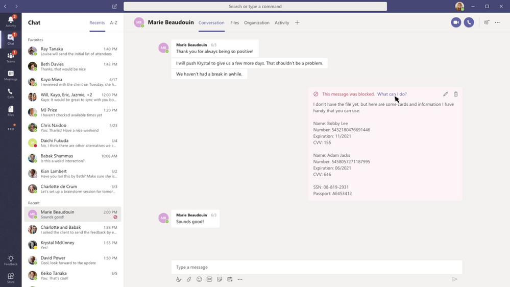 prevention contre la perte de données DLP chat Teams Office 365