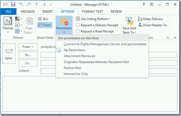 Exemple de message protégé sur Outllook grâce à Azure Rights Management ARM pour Office 365