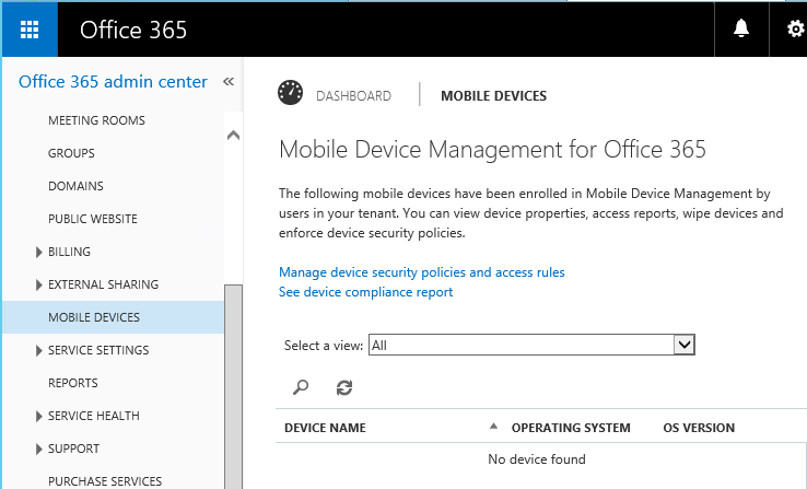 Mobile Device Management Office 365 pour gérer la politique de sécurité des appareils mobiles