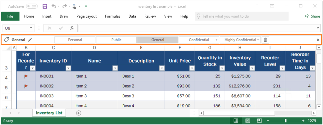 Exemple de la barre Azure Information Protection dans Excel