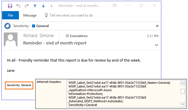 Exemple d’en-têtes et de pied de page d’e-mail montrant la classification Azure Information Protection