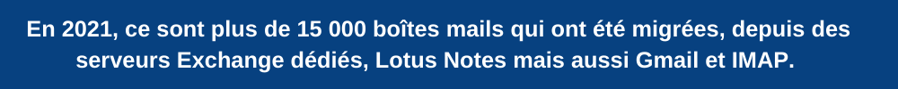 En 2021, ce sont plus de 15 000 boîtes mails qui ont été migrées, depuis des serveurs Exchange dédié, Lotus Notes mais aussi Gmail et IMAP