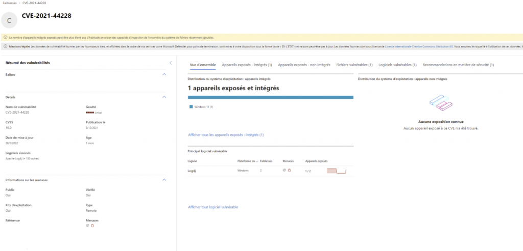 tableau de bord defender for business