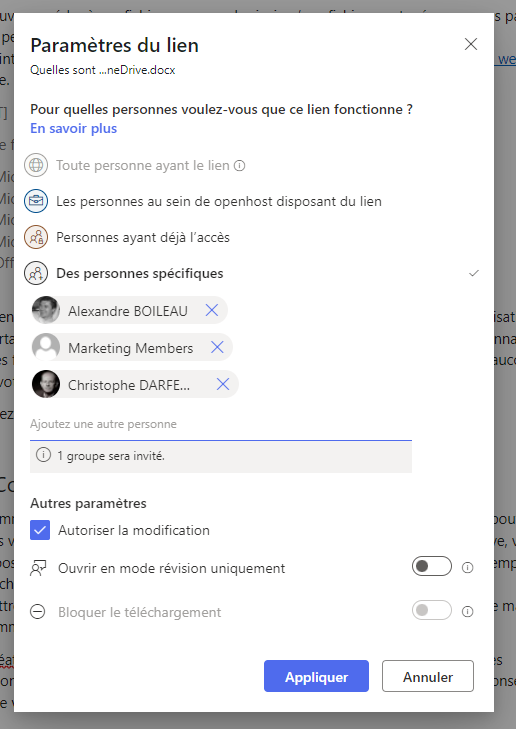 Partage de document grâce au lien