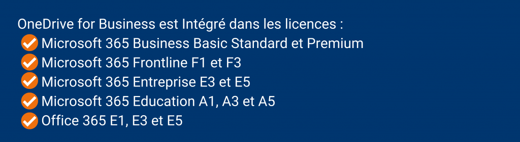 OneDrive for Business est intégré dans les licences : Microsoft 365 Business Basic Standard et Premium, Microsoft 365 Frontline F1 et F3, Microsoft 365 Entreprise E3 et E5 , Microsoft 365 Education A1, A3 et A5, Office 365 E1, E3 et E5