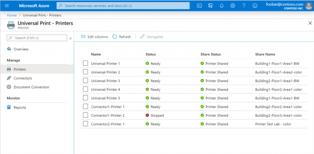 Liste d'imprimantes enregistrées dans Azure universal print