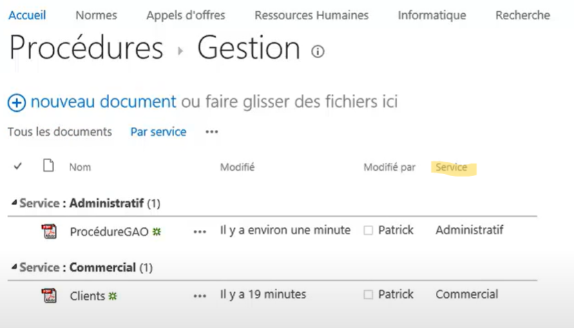 affichage des documents par service sur sharepoint