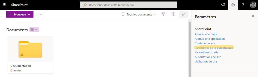 paramètre de la bibliothèque sharepoint