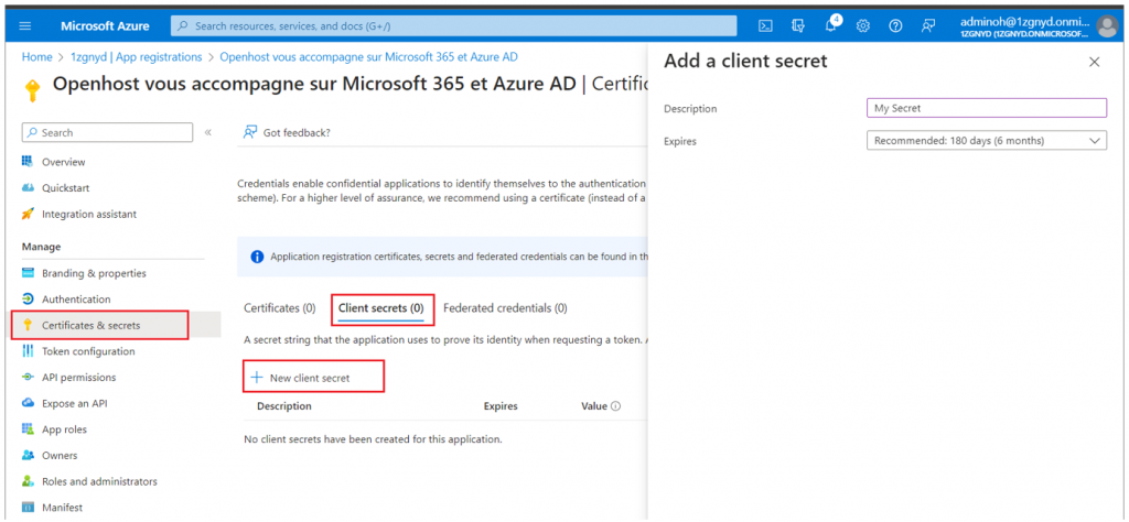 creer secret dans azure ad